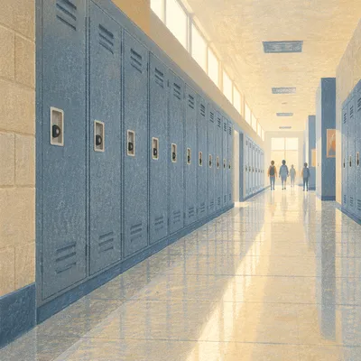 Quiet School Hallway with Receding Lockers