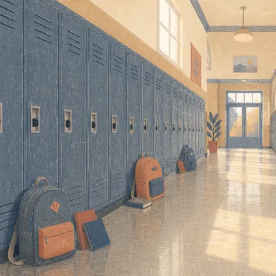 Quiet School Hallway with Lockers Perspective