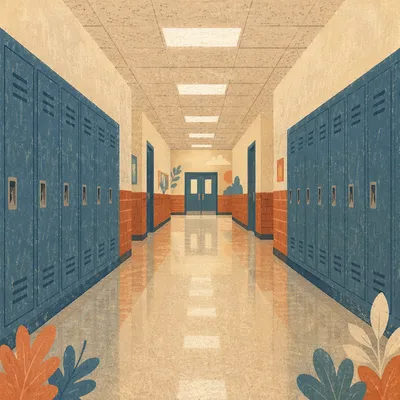 Empty School Hallway with Blue Lockers