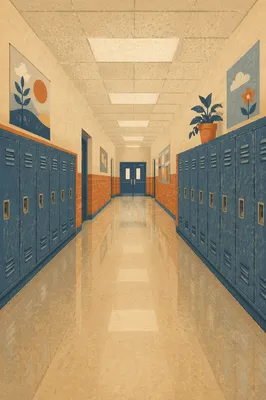 Empty School Hallway with Blue Lockers