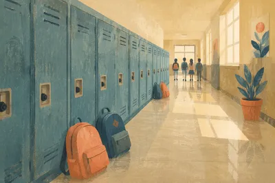 Quiet School Hallway with Lockers Perspective