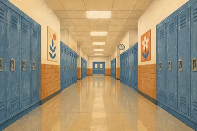 Empty School Hallway with Blue Lockers