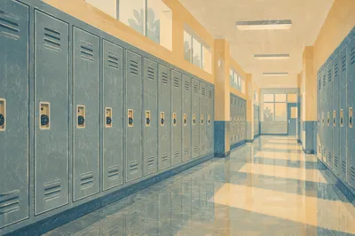 Empty School Hallway with Lockers Perspective