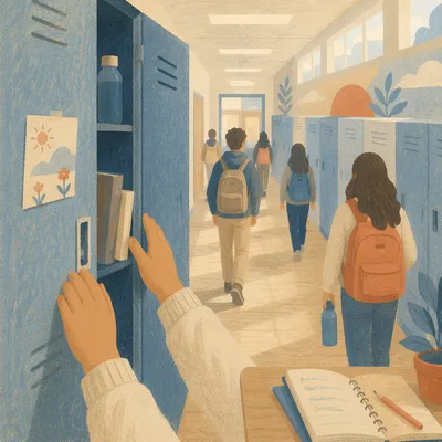 Bright School Hallway with Students and Lockers