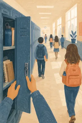 Bright School Hallway Lockers Between Classes