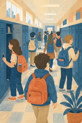 Busy School Hallway with Blue Lockers