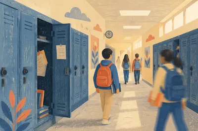Bright School Hallway Between Classes Scene