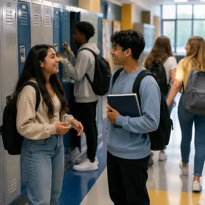 Students Between Classes in School Hallway