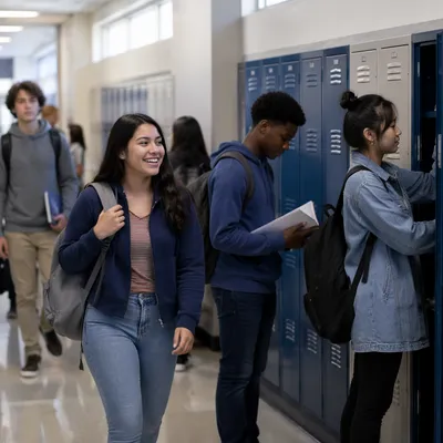 Students Between Classes in School Hallway