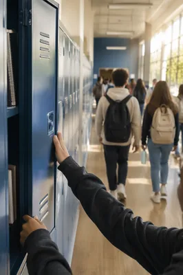 Students Moving Through Bright School Hallway