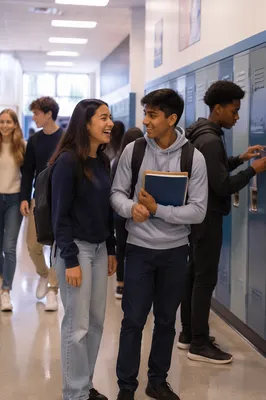 Busy School Hallway with Students
