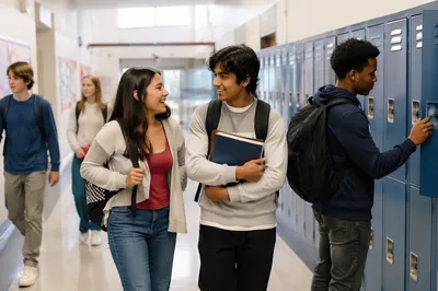 Students in Busy School Hallway
