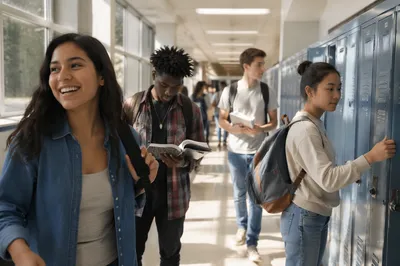 Students Between Classes in School Hallway