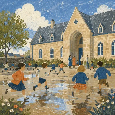 Children Running at School Recess Courtyard