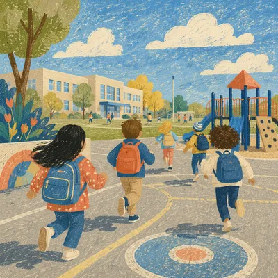 Children Running Across School Playground Recess