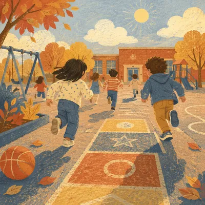 Sunny Autumn School Playground Recess Scene
