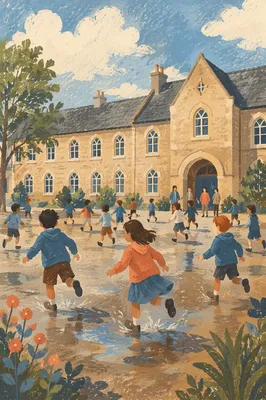 Children Running at School Recess Courtyard