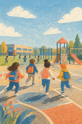 Children Running Across School Playground Recess