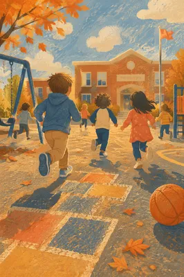 Children Running at Sunny School Recess
