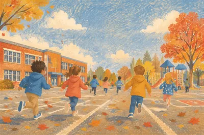 Autumn Recess Children Running on Playground