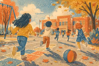 Children Running on Autumn School Playground