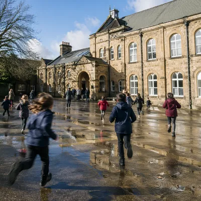 Children Running at School Recess Courtyard