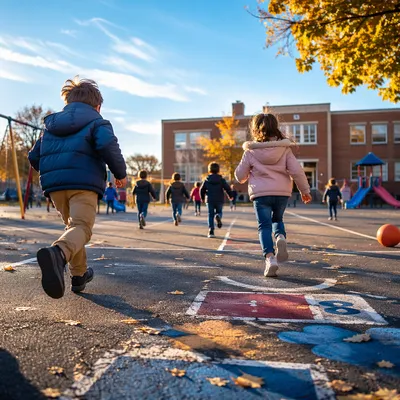 Children Running at Autumn School Recess