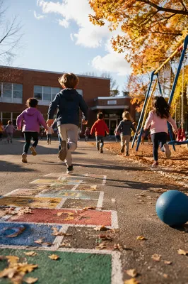 Children Running at Autumn School Recess