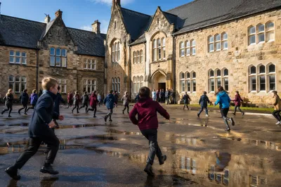 Children Running at School Recess Courtyard