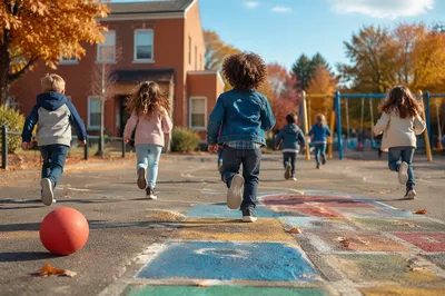 Children Running at Autumn School Recess