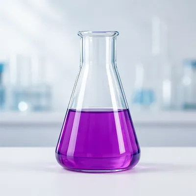 Purple Chemistry Flask on Laboratory Bench