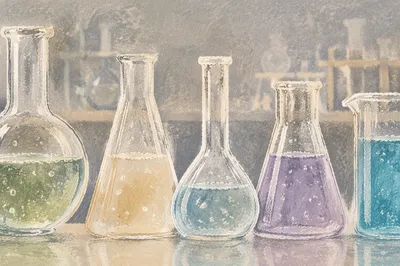 Colorful Chemistry Glassware on Laboratory Bench