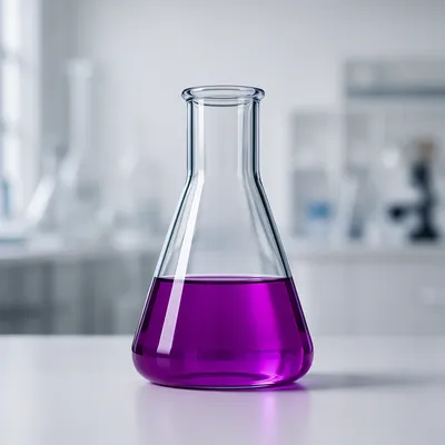 Purple Chemistry Flask on Clean Lab Bench
