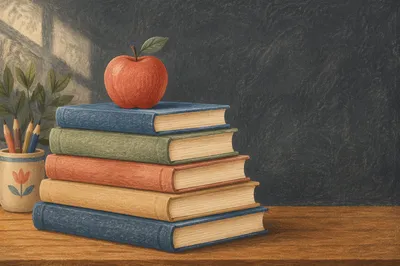 Apple on Colorful Books Classroom Desk