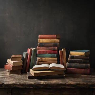 Colorful Vintage Books on Rustic Desk
