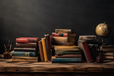 Colorful Vintage Books on Wooden Desk
