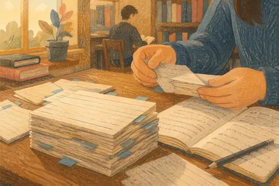Flashcard Study Session on Library Table
