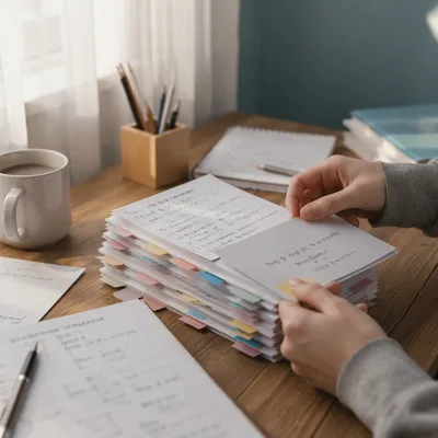 Flashcard Study Preparation on Wooden Desk