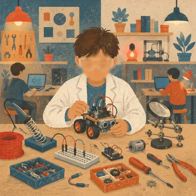 Young Student Building Robotics in STEM Lab