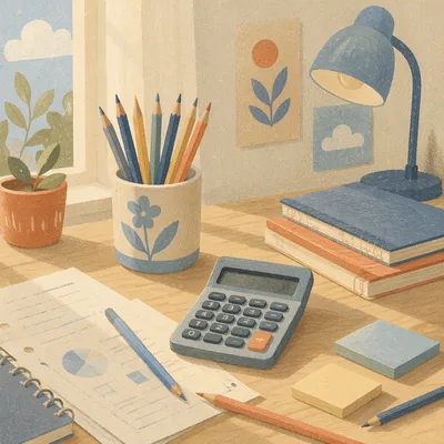 Student Desk with Pencils and Calculator