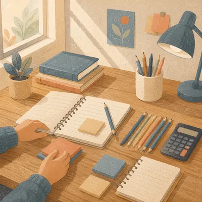 Student Desk with Pencils and Calculator