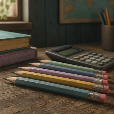 Student Desk Supplies with Pencils and Calculator