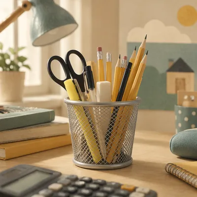 Student Desk Supplies with Calculator Close-Up