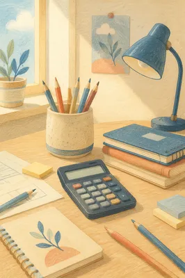 Tidy Student Desk with Pencils and Calculator
