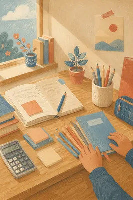 Student Desk with Pencils and Calculator