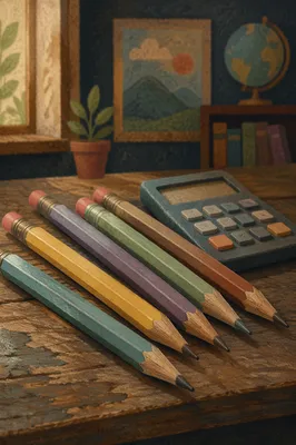 Student Desk with Pencils and Calculator
