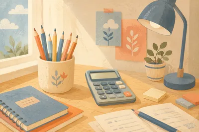 Student Desk with Pencils and Calculator