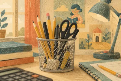 Student Desk Supplies with Calculator Close-Up