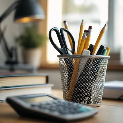 Student Desk Supplies with Calculator Close-Up