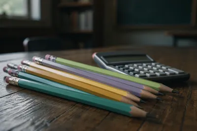Student Desk Supplies and Calculator Close-Up